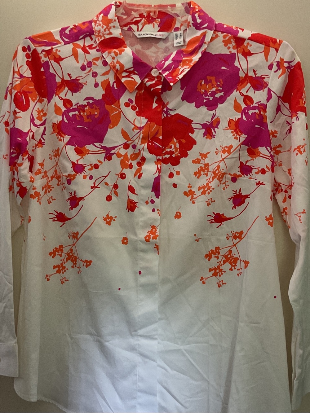 Isaac Mizrahi White Floral Button-Down Shirt with Pink & Orange Blooms